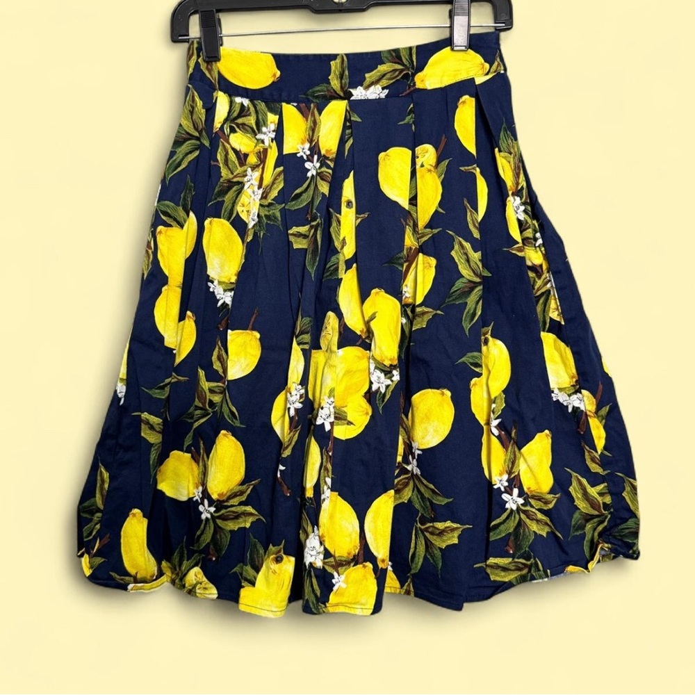 XS Blue Lemon Print A-Line‎ Pleated Midi Skirt Vintage Style 50s Retro Granny